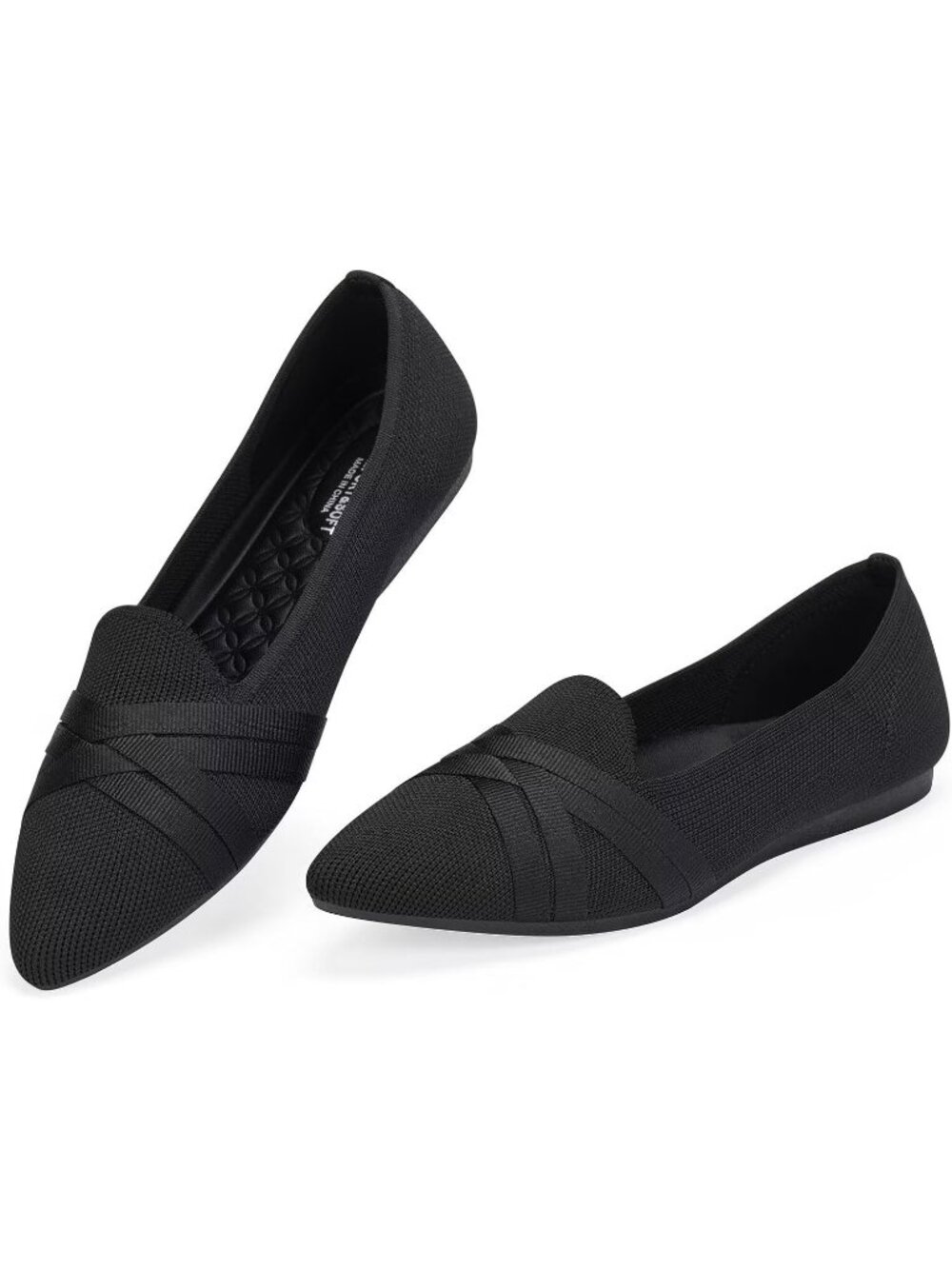 Women's Black Knit Pointed Toe Loafer Ballet Flats Slip On Comfortable Shoes